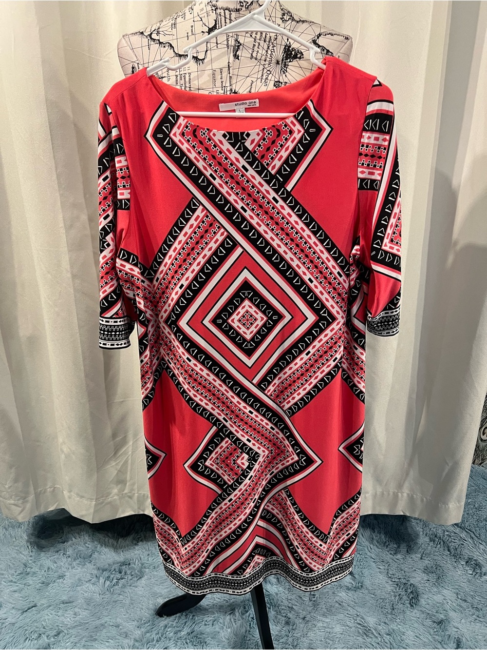 Studio One Coral-Red Geometric Midi Dress